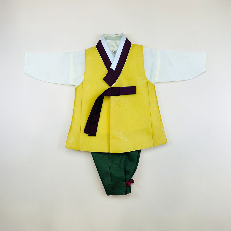 Baby boy dohl hanbok featuring a vibrant yellow vest with deep burgundy trim and green pants, paired with white jeogori