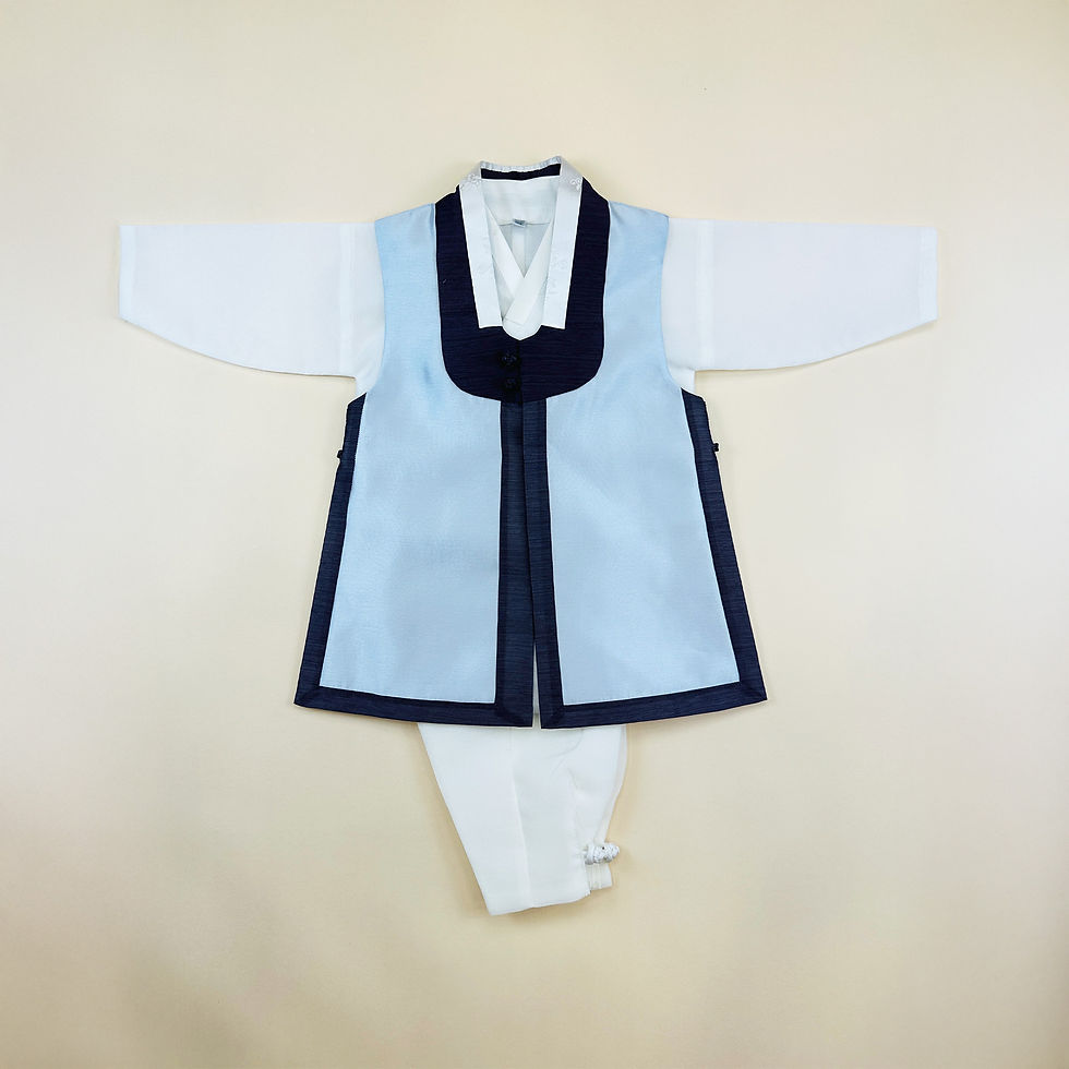 Baby boy dohl hanbok featuring a light blue durumagi-style vest with navy trim, paired with gray pants and white jeogori
