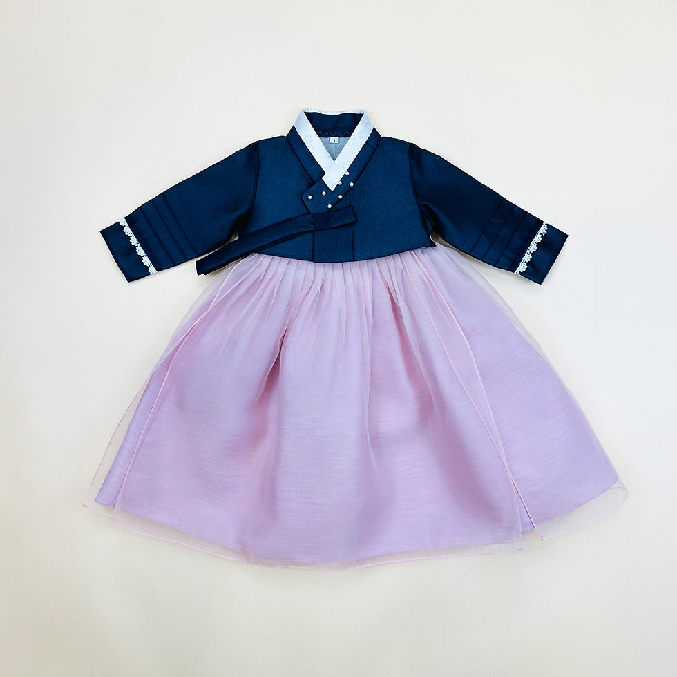 Thumbnail: Baby girl hanbok with navy jeogori featuring white trim and pearl sleeve details, paired with a sparkly light pink tulle skir