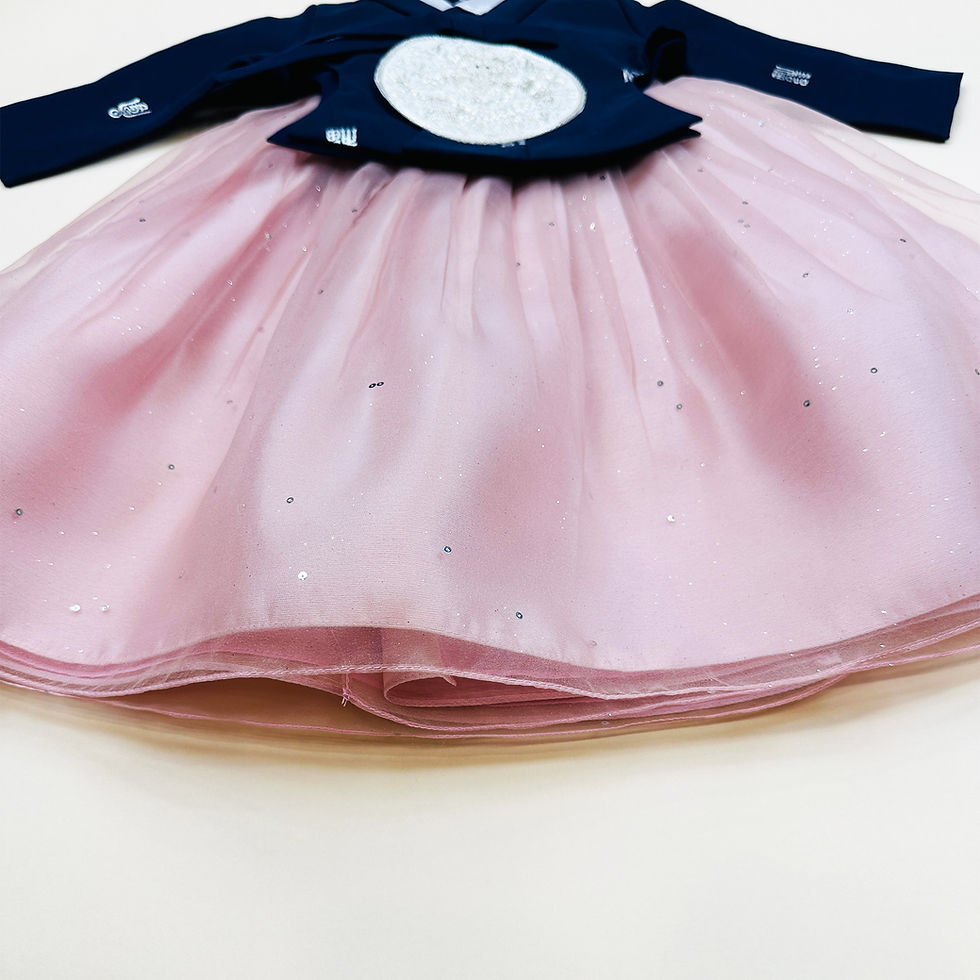 Thumbnail: Navy and gray baby girl hanbok with embroidered patch and tulle skirt