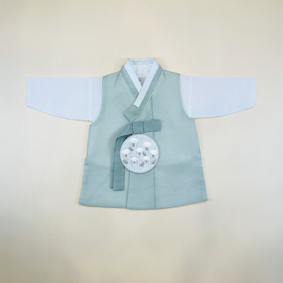 Thumbnail: Baby boy dohl hanbok with soft mint green vest, white jeogori, and light beige pants for first birthday celebration