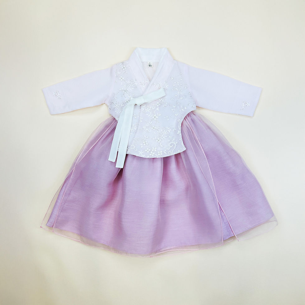 Baby girl hanbok with light pink floral embroidered jeogori and deep rose pink skirt adorned with subtle sparkles