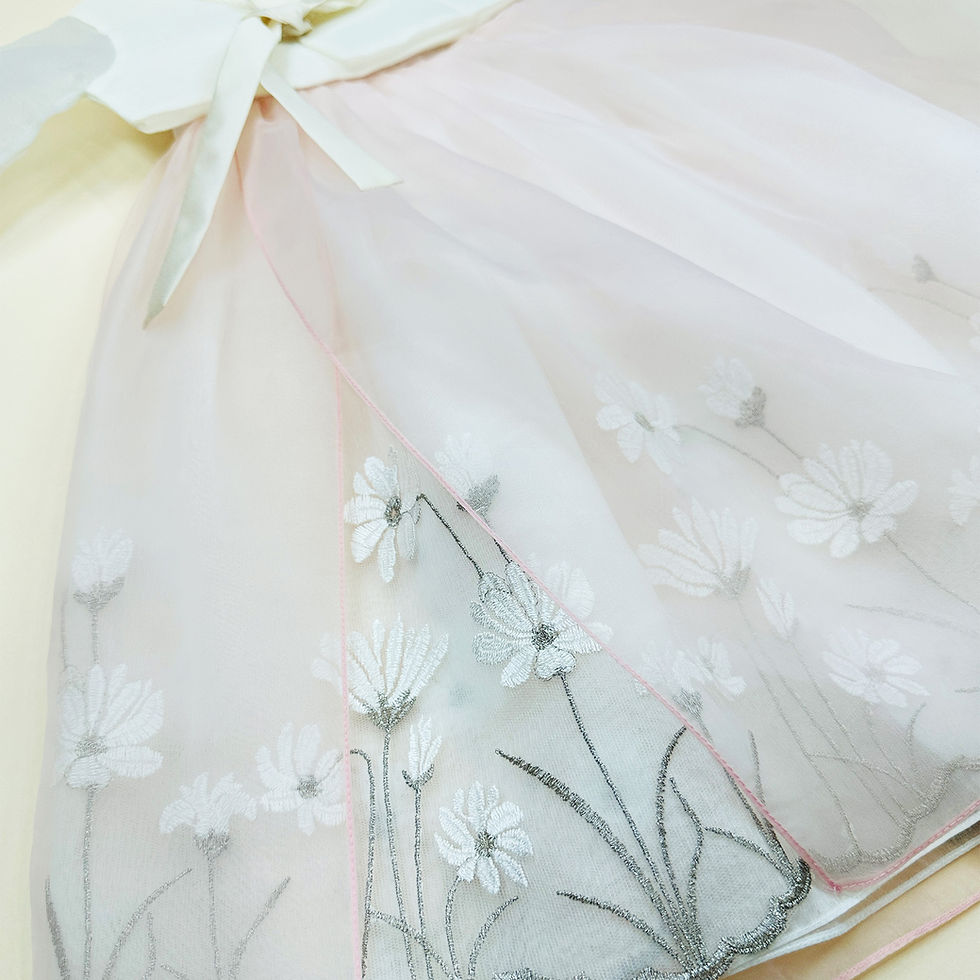 Thumbnail: Baby girl hanbok with ivory jeogori and soft blush pink sparkle skirt for first birthday celebration