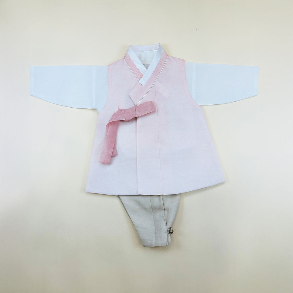 Baby boy dohl hanbok with soft pink vest, white jeogori, and white pants for Korean first birthday celebration