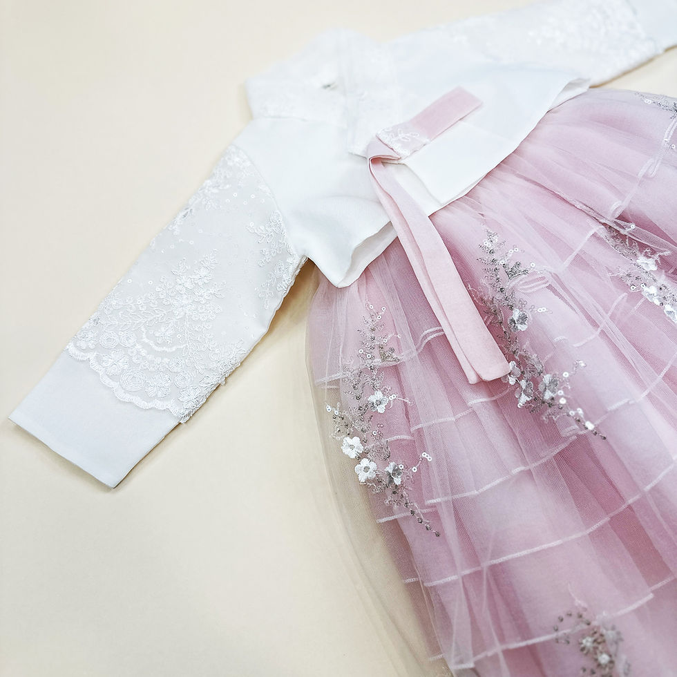 Thumbnail: Baby girl dohl hanbok with white lace jeogori and layered pink tulle chima embellished with silver floral sequins