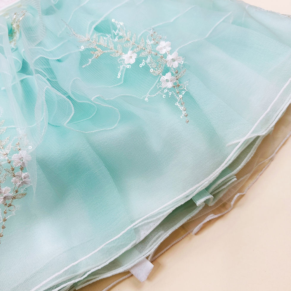 Thumbnail: Baby girl hanbok with white lace-sleeved jeogori and layered mint green skirt adorned with silver floral sequins