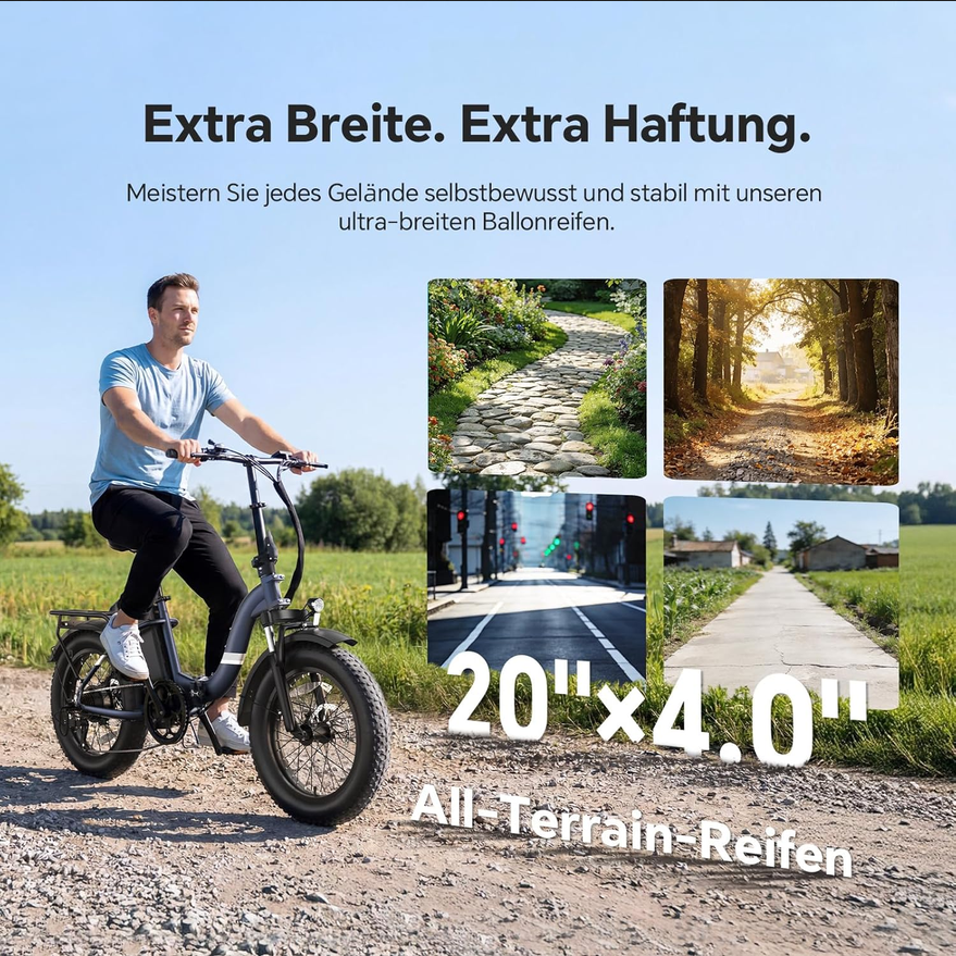 Cycliste sur vélo électrique ENGWE EP-2 Boost avec pneus 20x4.0 pouces tout-terrain.