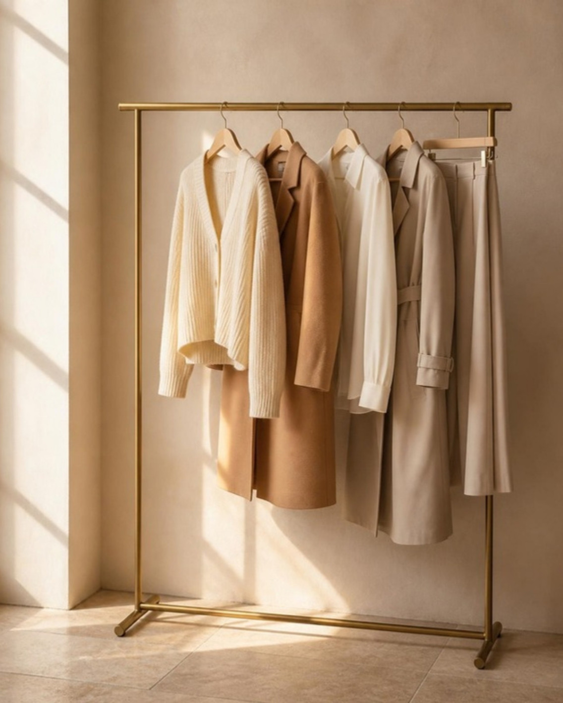 Brass clothing rail with a capsule of neutral cardigans, coats and blouses
