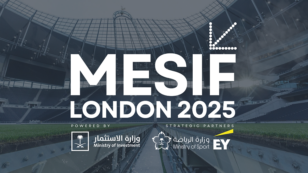 Text "MESIF London 2025" over a stadium backdrop. Logos of Ministry of Investment, Ministry of Sport, and EY as partners. Modern, professional mood. 

Middle East Sports Investment Forum.