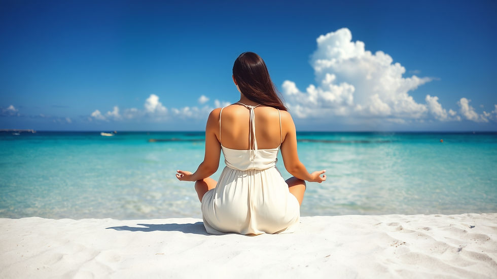 A woman meditating on a quiet beach, embodying calm, presence, and deep inner listening.
