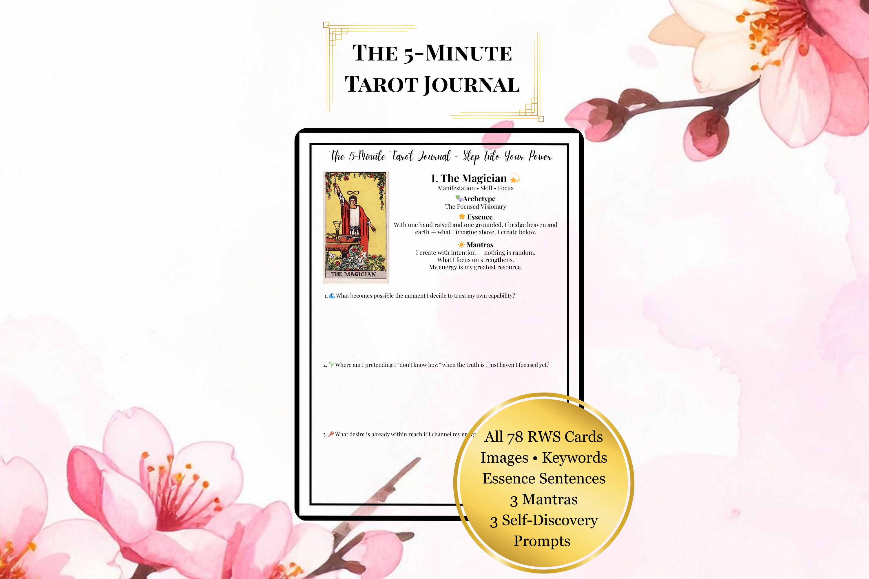 Sample page from the Five-Minute Tarot Journal featuring The Magician card with journal prompts and affirmations.