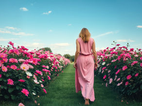 Woman walking in a flower field with pink and white daisies, blue sky, and green grass, representing self-nourishment and growth