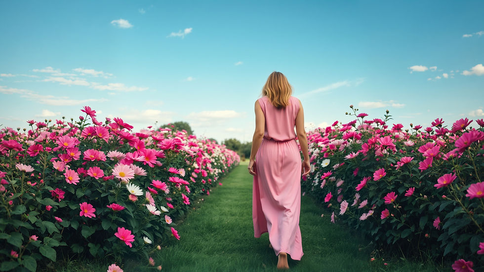 Woman walking in a flower field with pink and white daisies, blue sky, and green grass, representing self-nourishment and growth