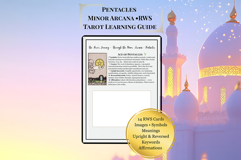 Sample Pentacles page from the Ultimate Tarot Learning Guidebook showing card symbolism, essence, upright and reversed