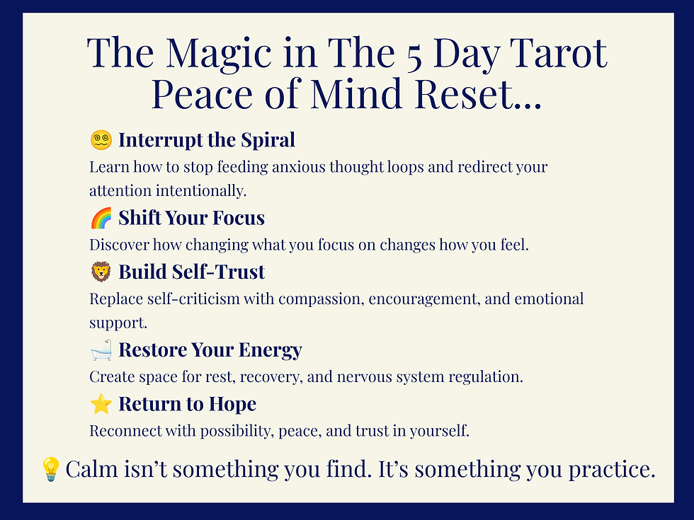 Thumbnail: Journal overview highlighting the benefits of the 5-Day Tarot Peace of Mind Reset, including interrupting mental spirals, shi