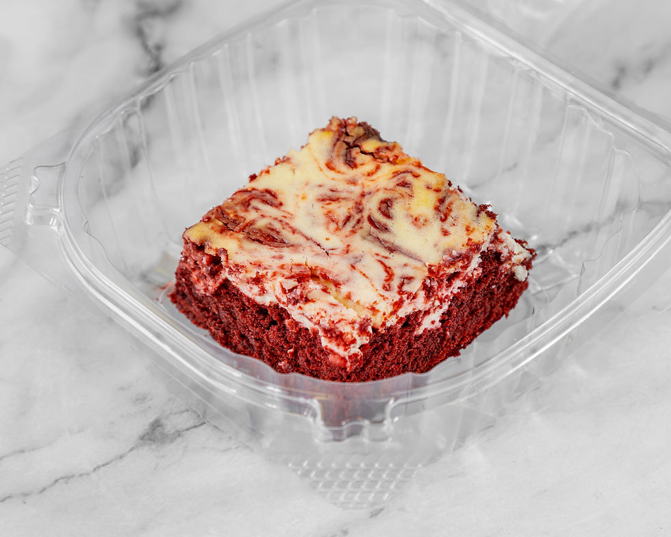 Red velvet dessert bar with cream cheese swirl in a container