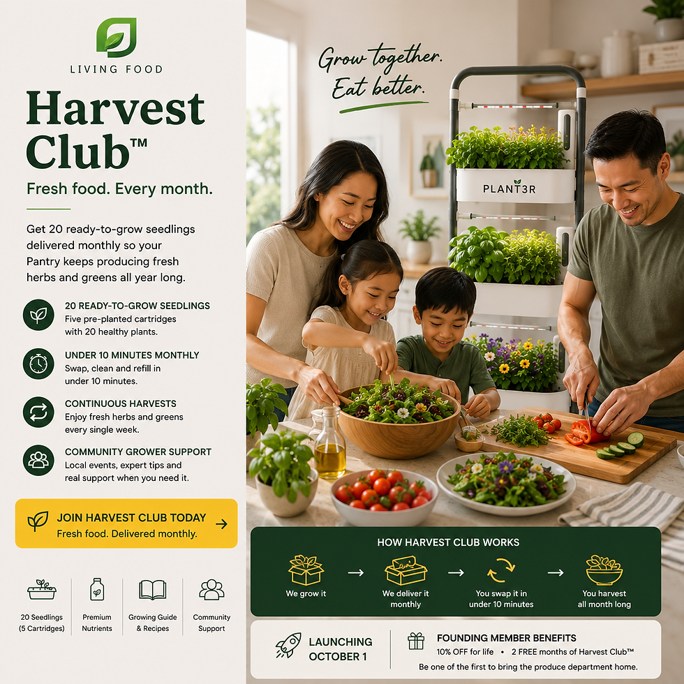 Family Eating Greens Harvested From a Plant3r Pantry Indoor Food Growing System and Monthl