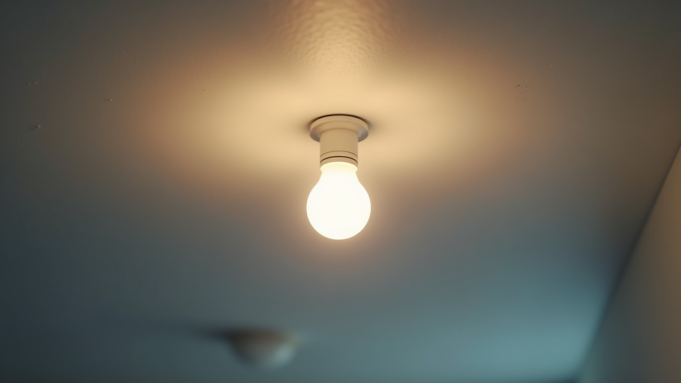 Eye-level view of a modern LED smart bulb installed in a ceiling fixture