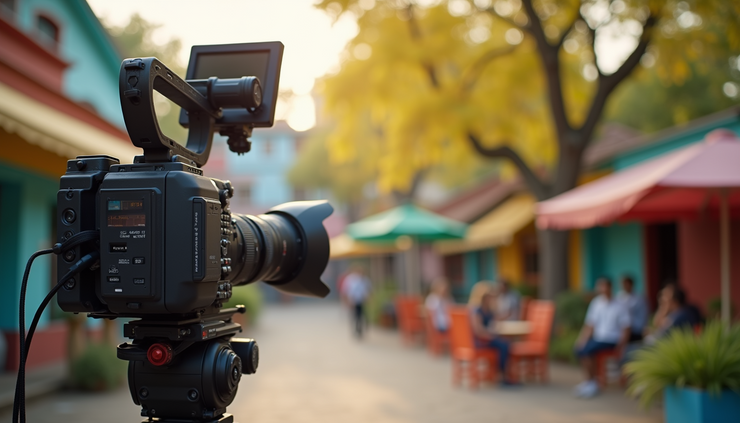 Eye-level view of a video camera filming a vibrant outdoor scene with natural light