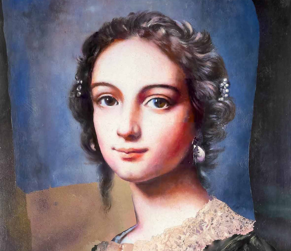 Portrait of a young woman with a round face and large eyes, dark hair tied back in coils, wearing a dress on a blue background