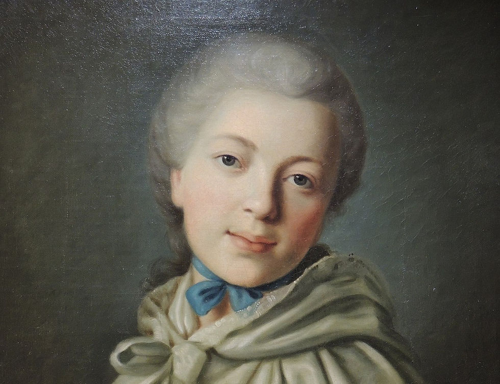 Painted portrait of a young Russian woman with white powdered wig and green cloak