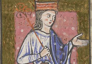 Medieval illustration of a queen on a throne