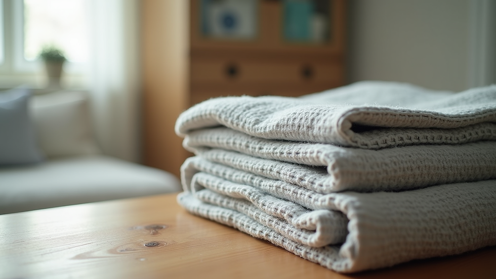 Close-up view of folded laundry on a wooden table