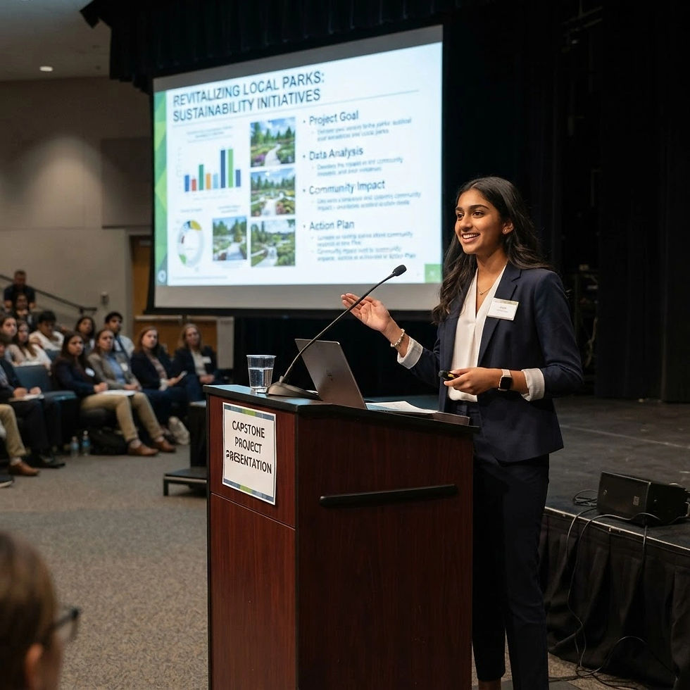 high school student presenting a capstone project on a podium with a projection in the bac