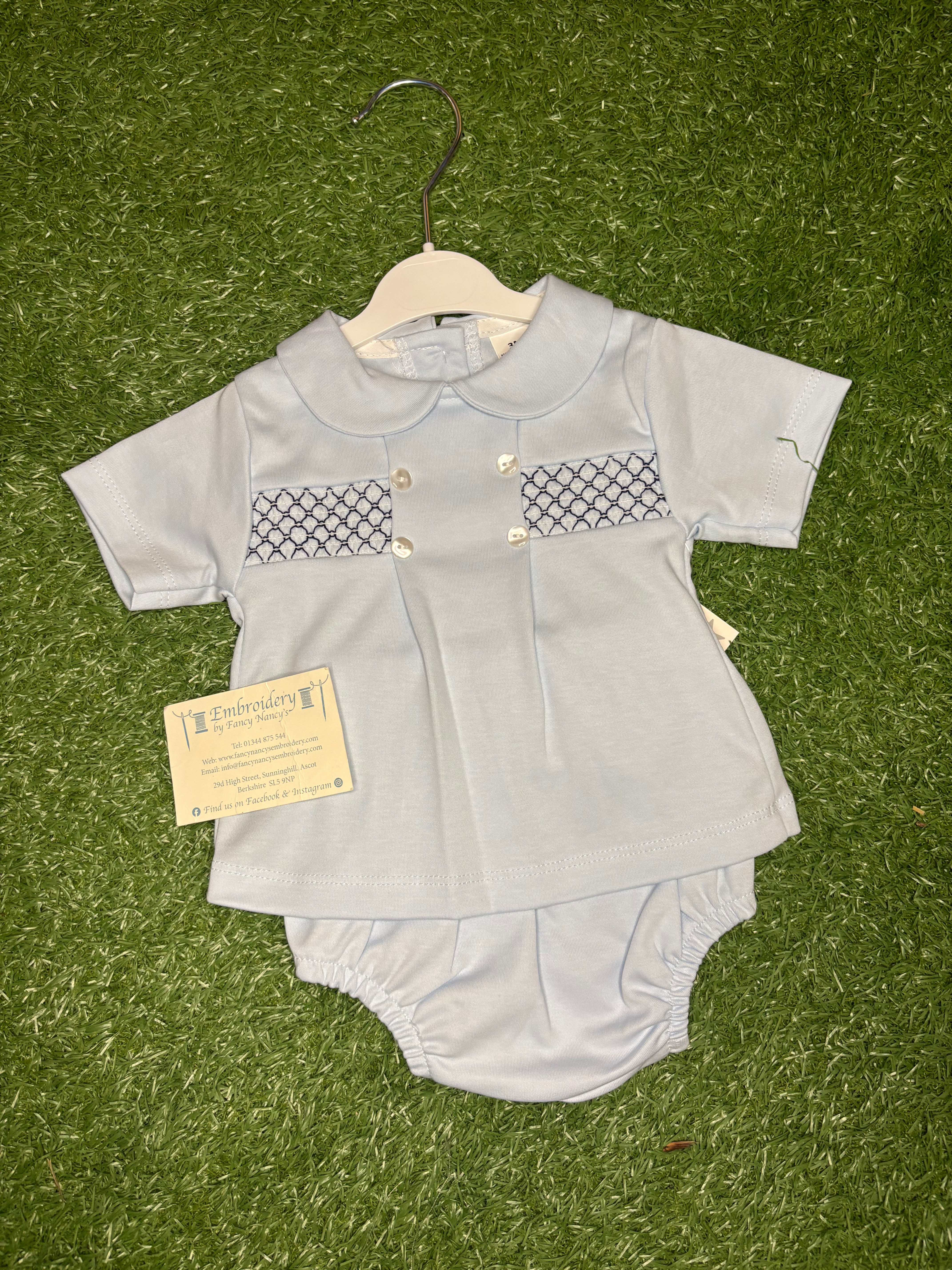 Boys Blue Cotten with Navy Smocking 2pc Set