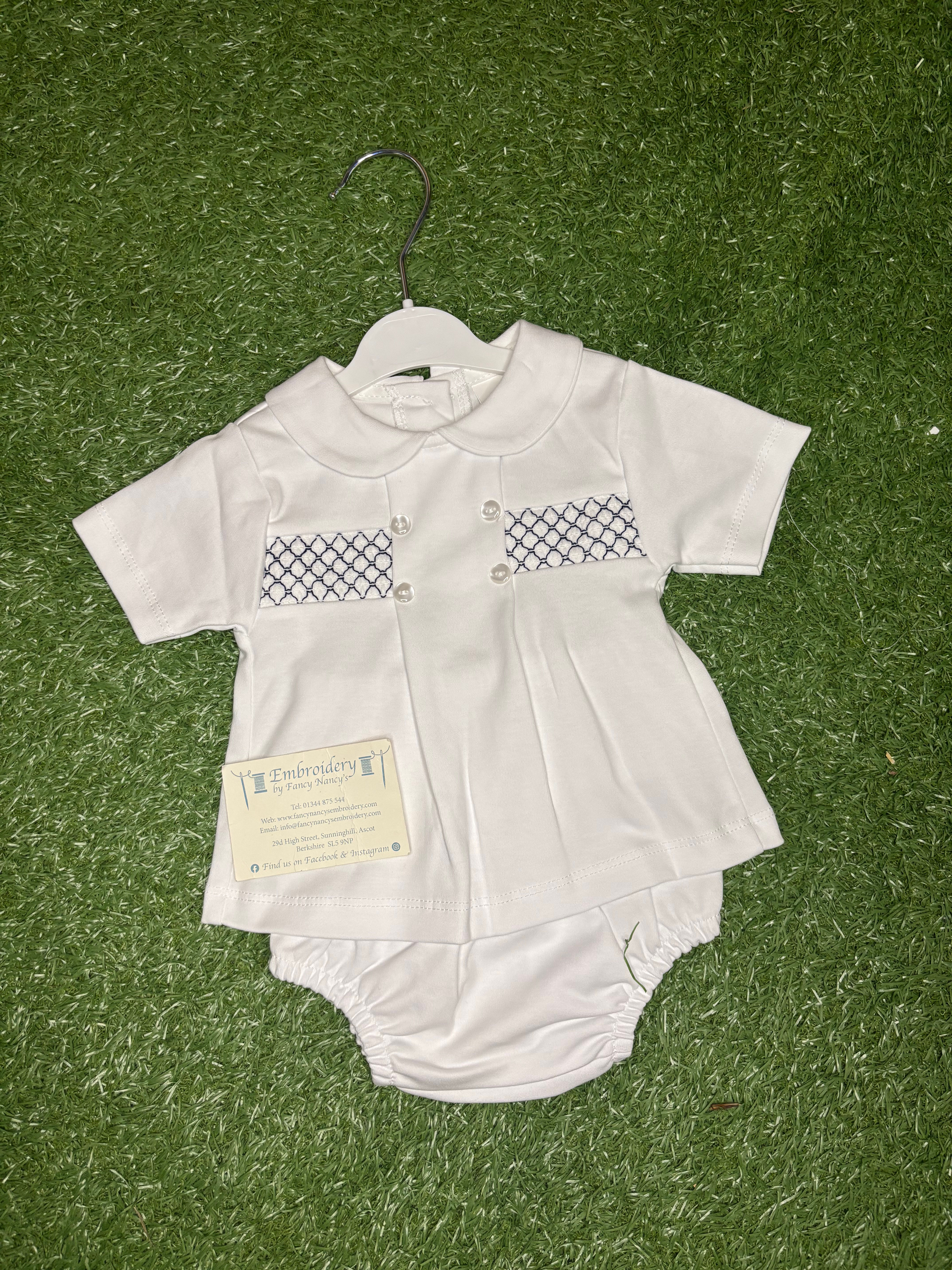 Boys White Cotten with Navy Smocking 2pc Set
