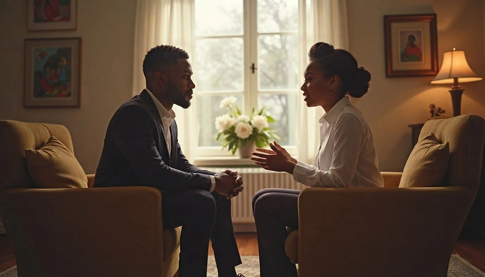 Eye-level view of a couple engaged in a premarital counseling session