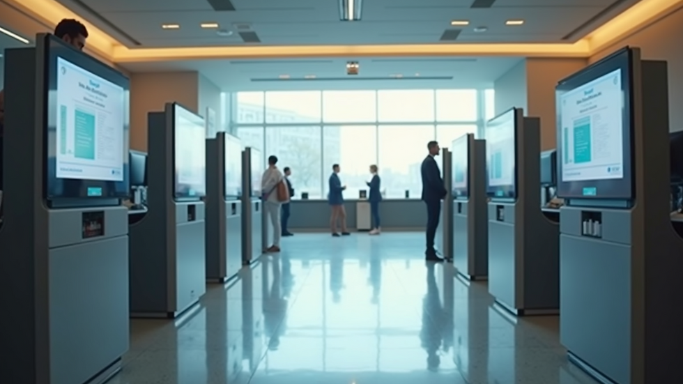 Eye-level view of a modern government office with digital kiosks