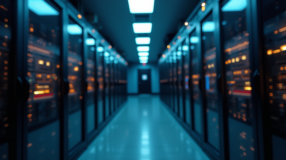 Eye-level view of a modern office server room with blinking lights