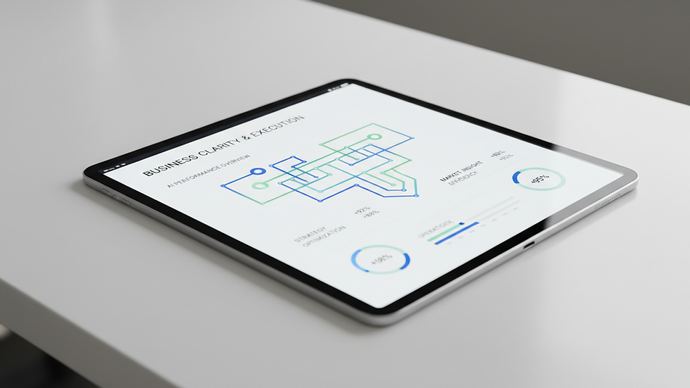 Close-up view of a digital tablet displaying AI analytics dashboard in a business setting