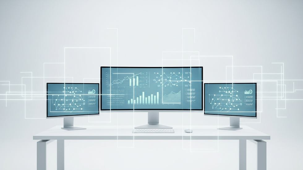 Eye-level view of a modern office workspace with multiple screens showing data analytics