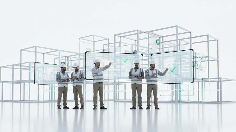 Eye-level view of a construction site with multiple contractors coordinating