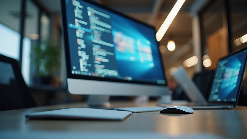 Eye-level view of a modern office workspace with multiple digital devices
