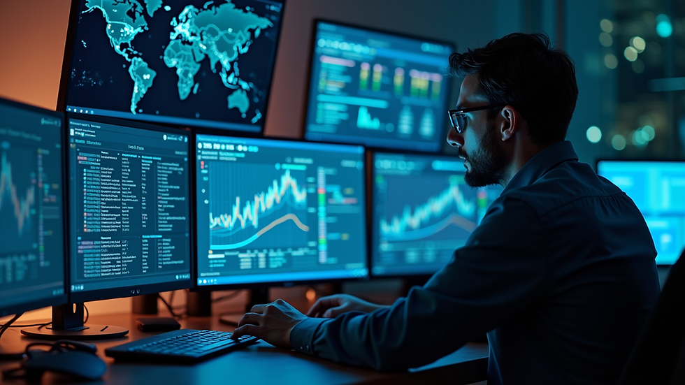 Eye-level view of a cybersecurity consultant analyzing network data on multiple screens