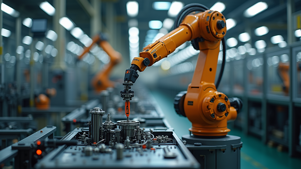 Close-up view of a robotic arm assembling industrial machinery in a factory