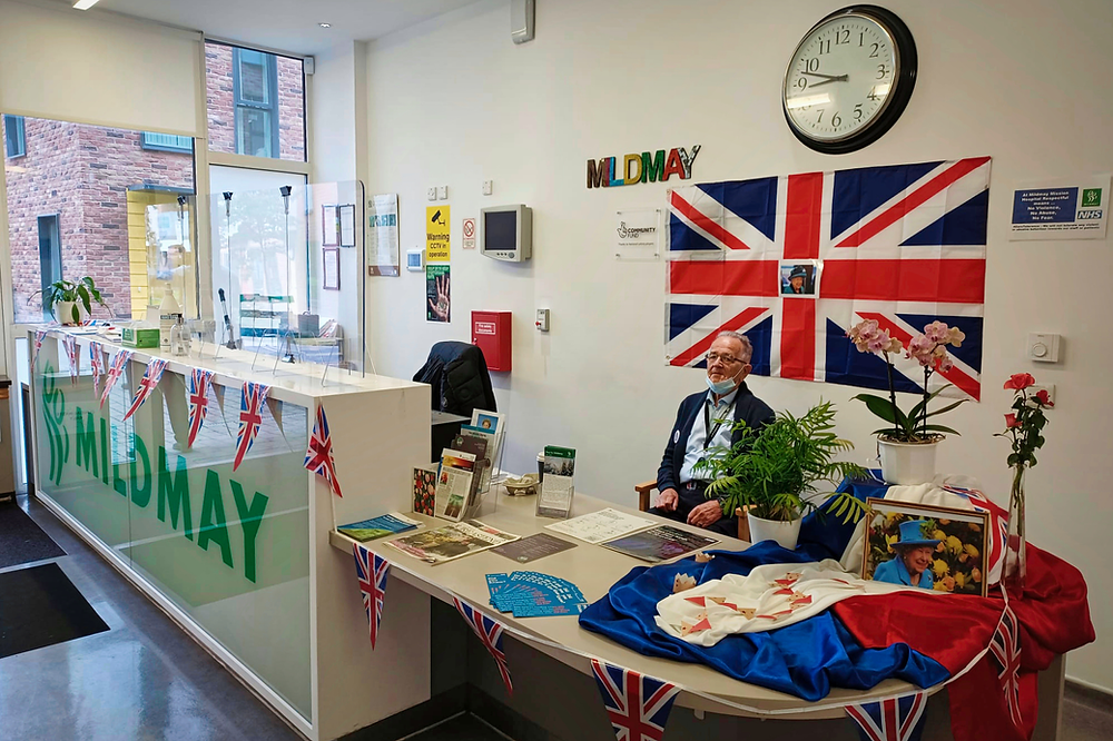 Mildmay reception decked out with bunting and flags