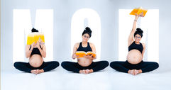 Four different images of pregnant women performing yoga and meditative poses.

