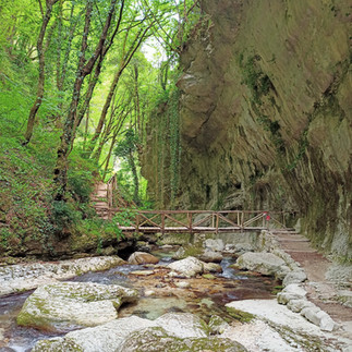 Le Scalelle Nature Trail showing a wooden bridge used to cross a slow running stream