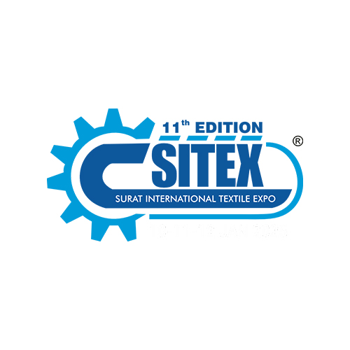 Surat International Exhibition & Convention Centre logo features a blue gear on the left side, connected to a curved blue banner. Inside the banner, the text "SITEX" is written in large blue letters, with "Surat International Textile Expo" in smaller blue letters below it. Above "SITEX," the text "11th Edition" appears in blue, and a registered trademark symbol is present at the top right of the banner.