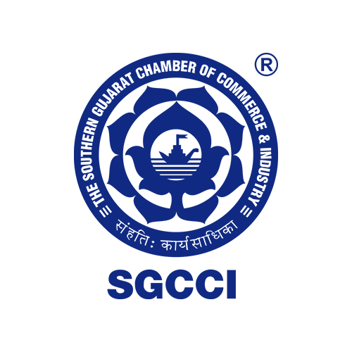 The Southern Gujarat Chamber of Commerce & Industry logo features a blue circular emblem with a stylized lotus flower design in the center, containing a small boat with a flag. Surrounding the circle, the text "The Southern Gujarat Chamber of Commerce & Industry" is written in blue, with a registered trademark symbol at the top. Below the circle, the acronym "SGCCI" is written in large blue letters. Inside the lower part of the circle, there is additional text in a different script.