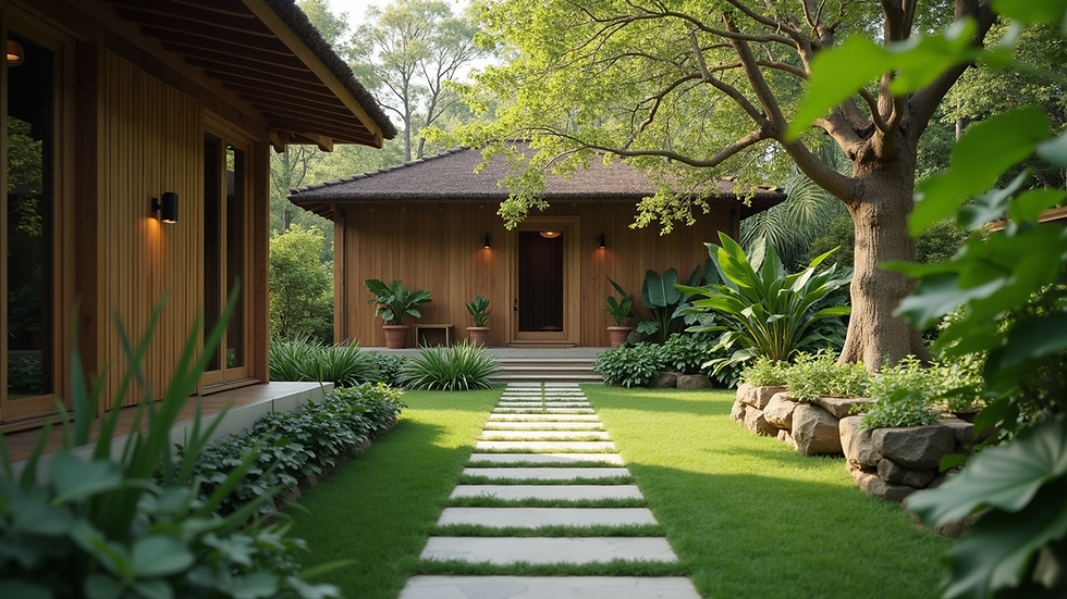 Eye-level view of a serene retreat setting with lush greenery