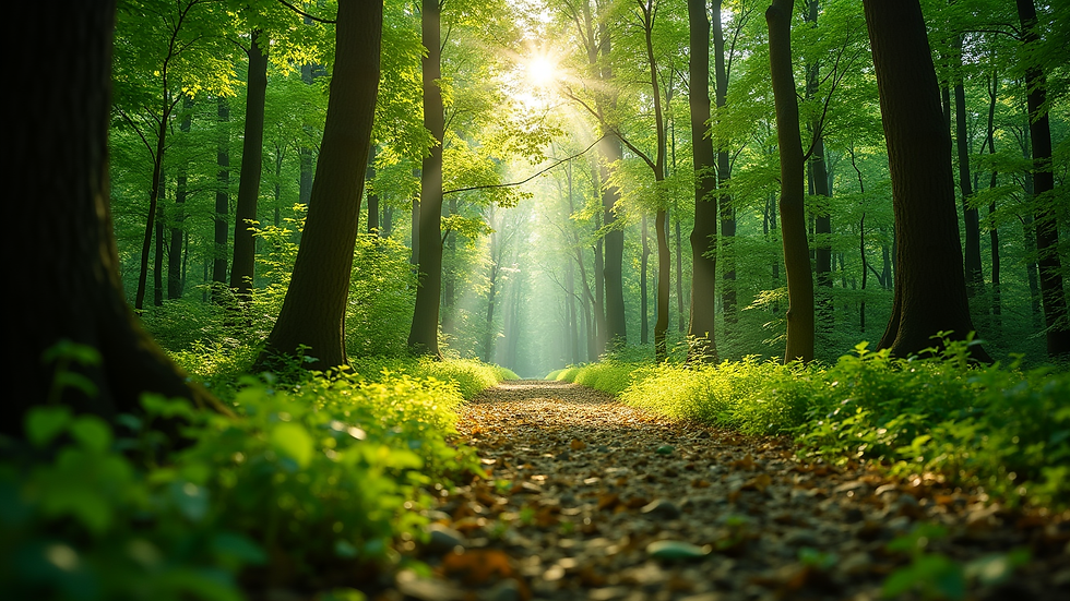 Eye-level view of a lush green forest with sunlight filtering through the trees