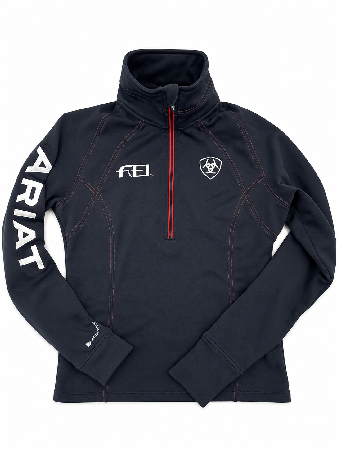 EUC Ariat FEI Team Logo 1/4 Zip Sweatshirt Navy/Red XS