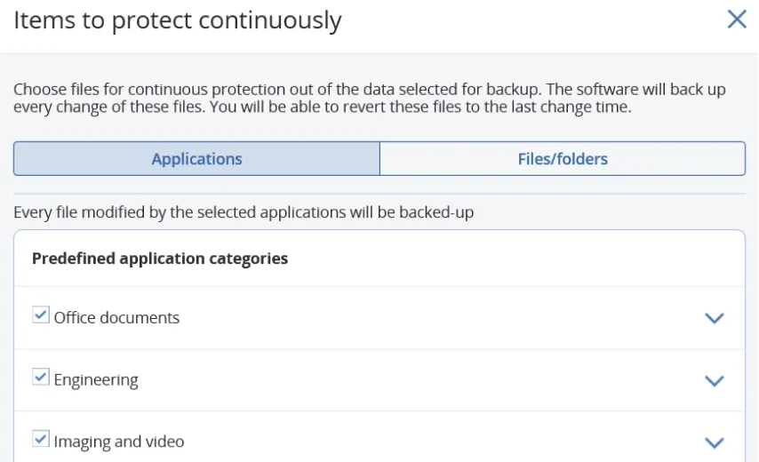 screenshot from the backup dashboard showing a checklist of items and folders that the user can select to keep track of and manage automatically