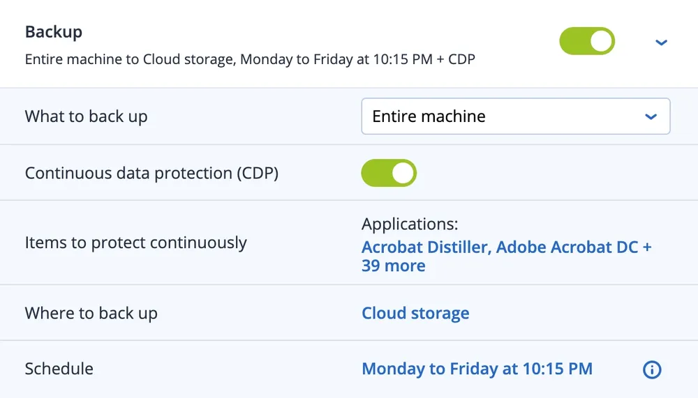 backup settings screen. Toggle switches for automated and scheduled backups for specific applications and folders
