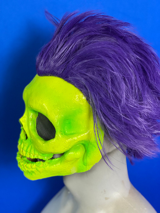 Halloween Haunt Mask - "Grave Rave" Latex Glowing Skull mask w/ wig